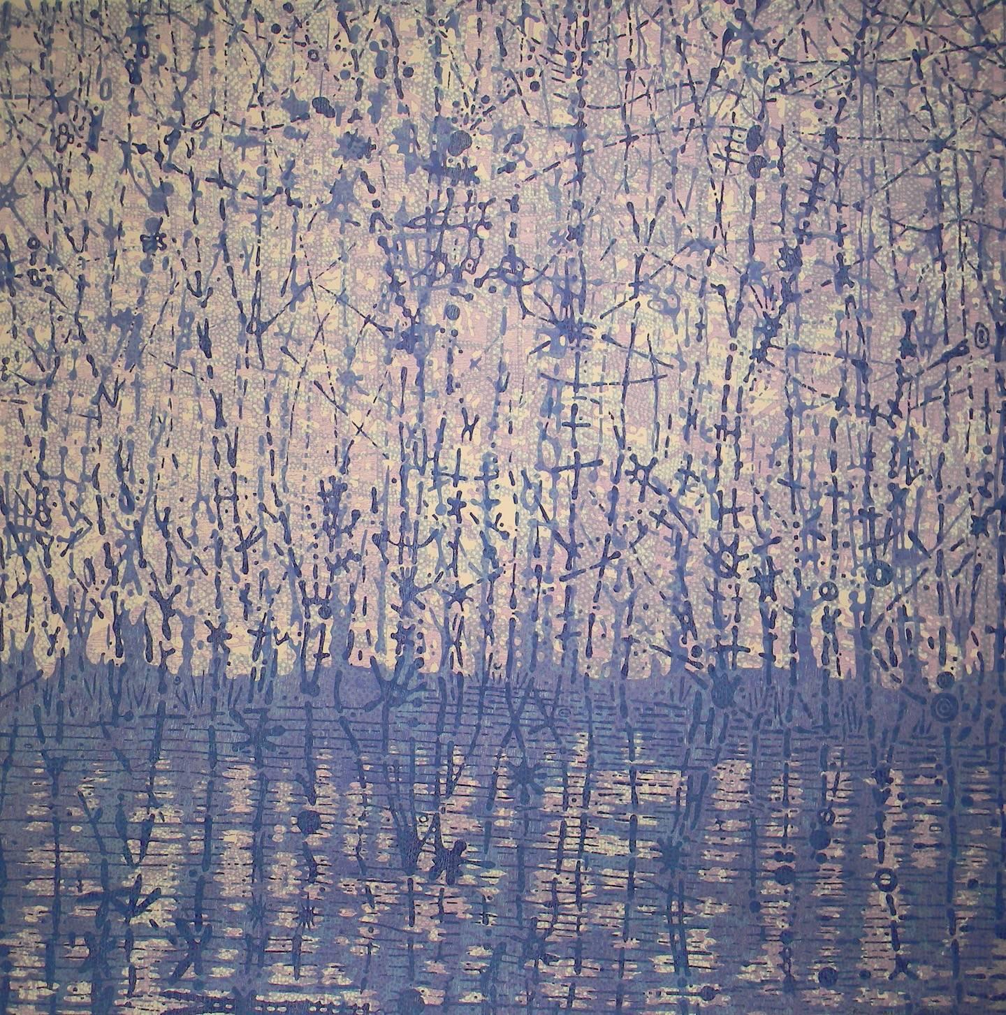 Eve Stockton Abstract Print - Stream Two, Woodcut of Forest Landscape and Water in Pale Lavender, Blue, Cream