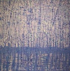 Stream Two, Woodcut of Forest Landscape and Water in Pale Lavender, Blue, Cream