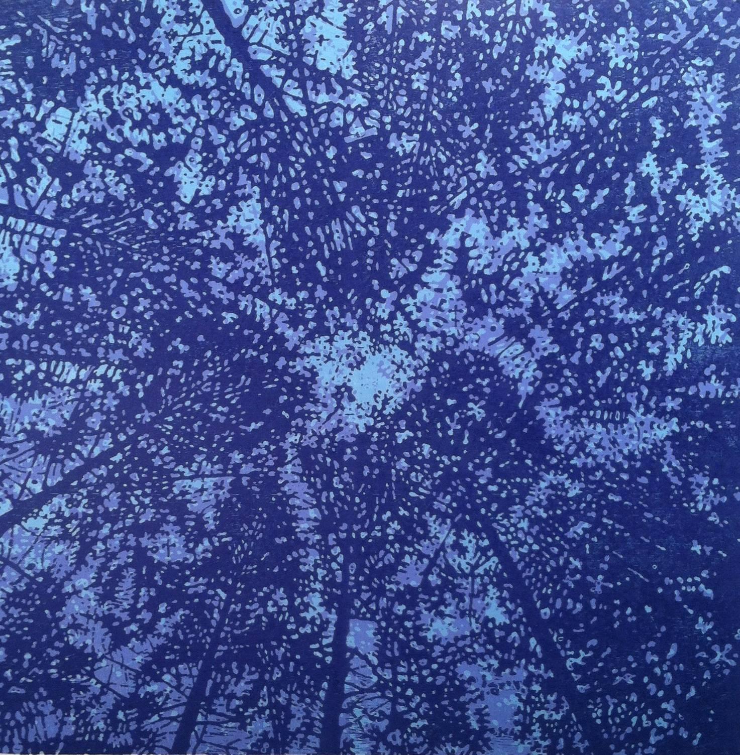Eve Stockton Abstract Print - Woodland Skyscape Variation 45A, Forest Sky Woodcut, Pale Violet, Shades of Blue