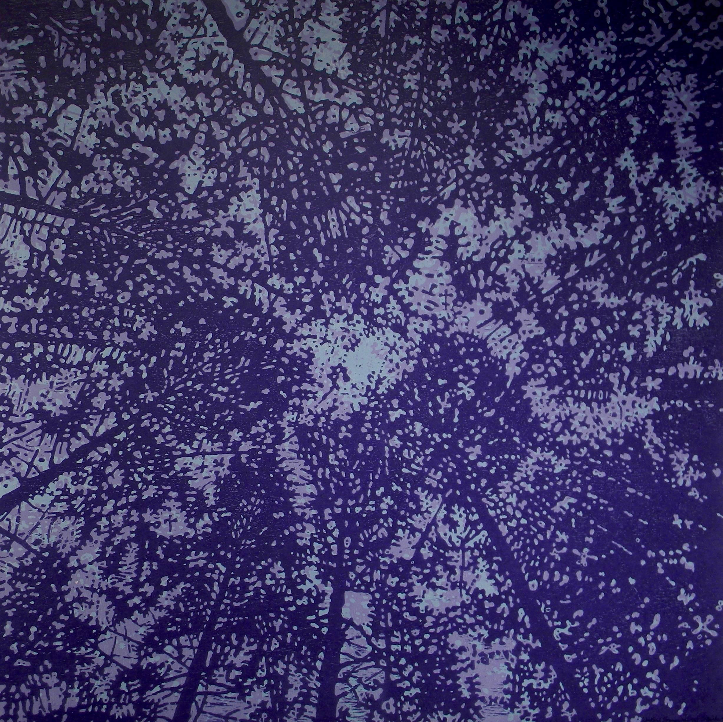 Eve Stockton Abstract Print - Woodland Skyscape Variation 45B, Forest Sky Woodcut, Violet Purple, Dark Blue