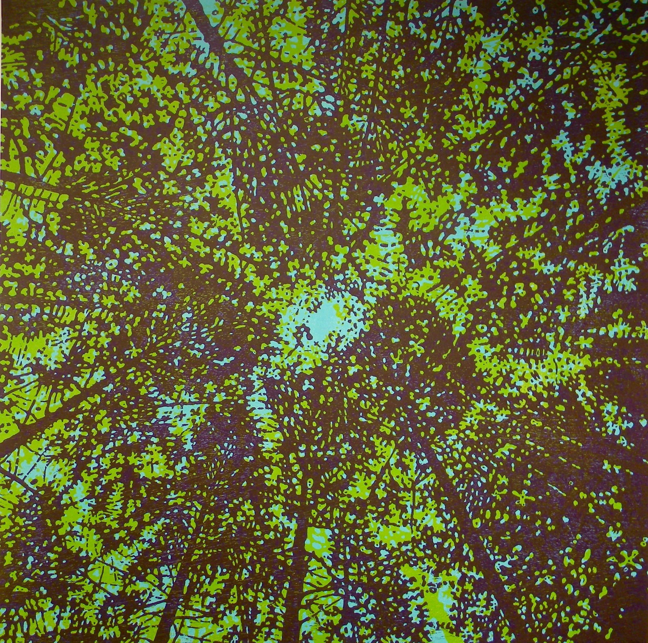 Eve Stockton Abstract Print - Woodland Skyscape Variation 63, Forest Sky Woodcut Green, Pale Violet, Dark Blue