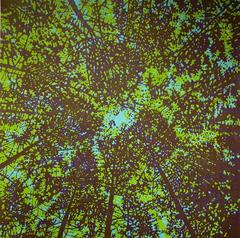 Woodland Skyscape Variation 63, Forest Sky Woodcut Green, Pale Violet, Dark Blue