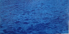 Big Blue Seascape, Large Horizontal Ocean Waves Woodcut Print in Cobalt