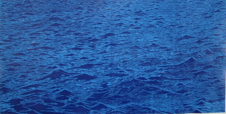 Eve Stockton Abstract Print - Big Blue Seascape, Large Horizontal Ocean Waves Woodcut Print in Cobalt