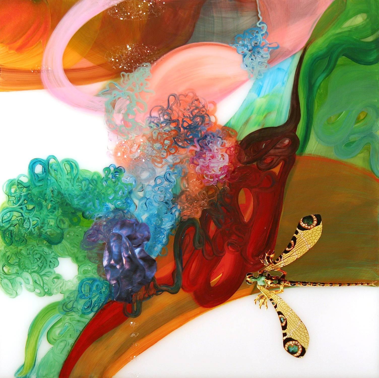 Lorraine Glessner Animal Painting - Bitten, Multi-Colored Abstract Painting with Diamond Dust on Acrylic Panel
