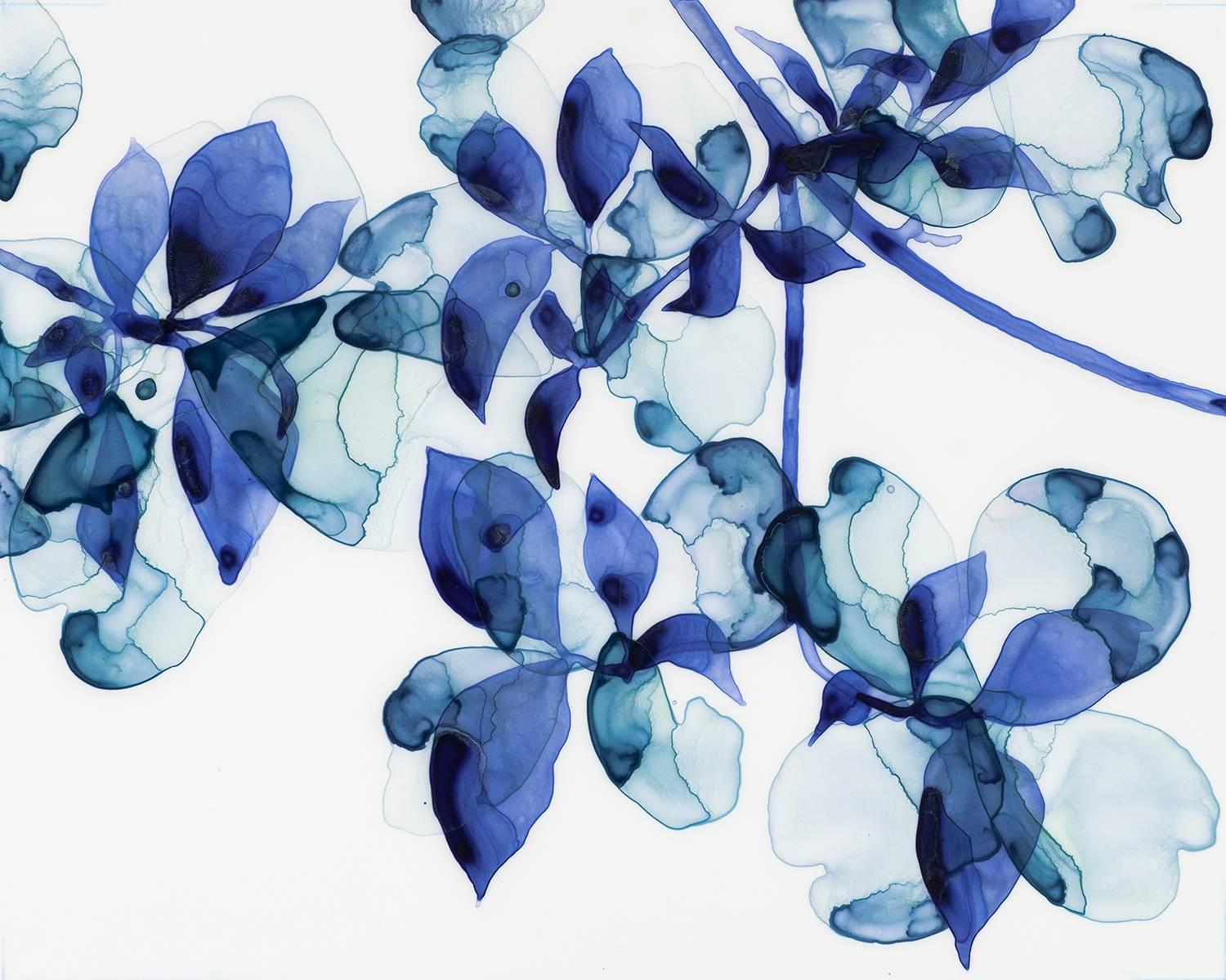 Jackie Battenfield Abstract Painting - Abloom Study, Small Botanical Tree Painting on White Mylar in Shades of Blue