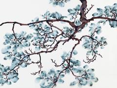 Spring Snap, Botanical Painting on Mylar with Teal Blue Leaves on Brown Branches