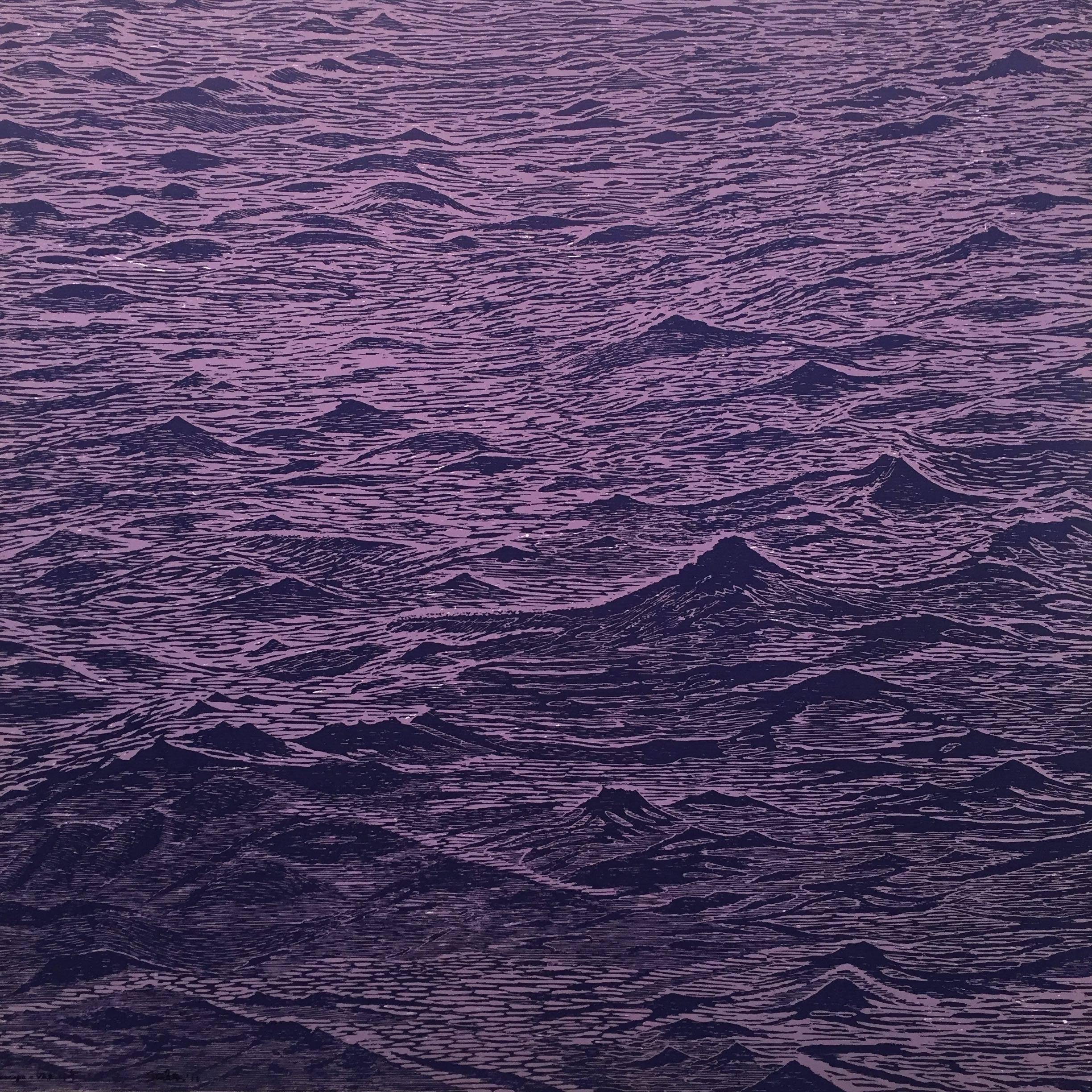 Seascape One, Ocean Waves Woodcut Print in Pale Lavender and Dark Violet Purple