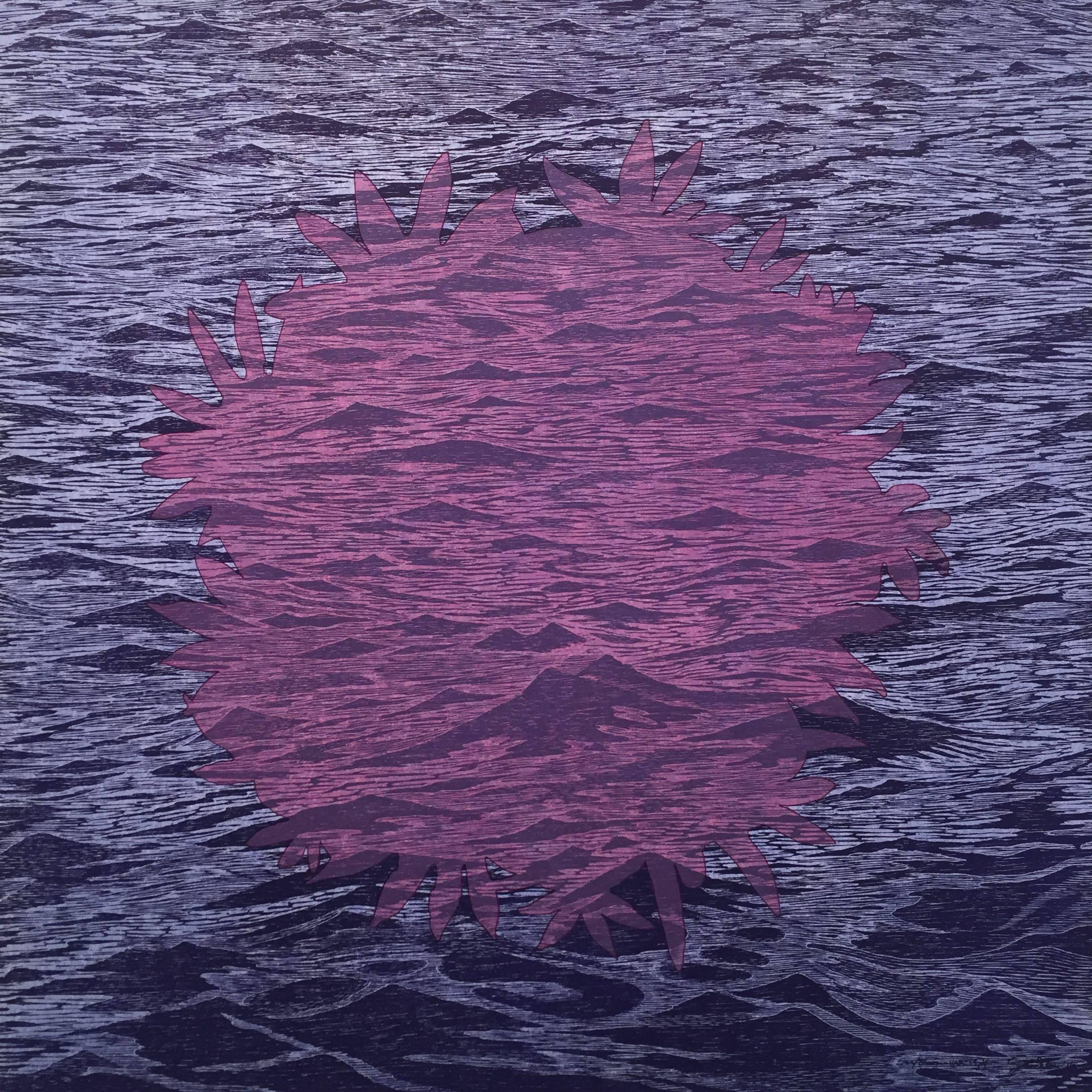 Eve Stockton Abstract Print - SeaBloom Variation 14, Woodcut, Ocean Waves and Floral Bloom, Purple and Pink