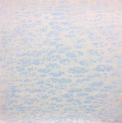 Networks 46, Square Woodcut Print with Pale Yellow, White, Light Blue Pattern