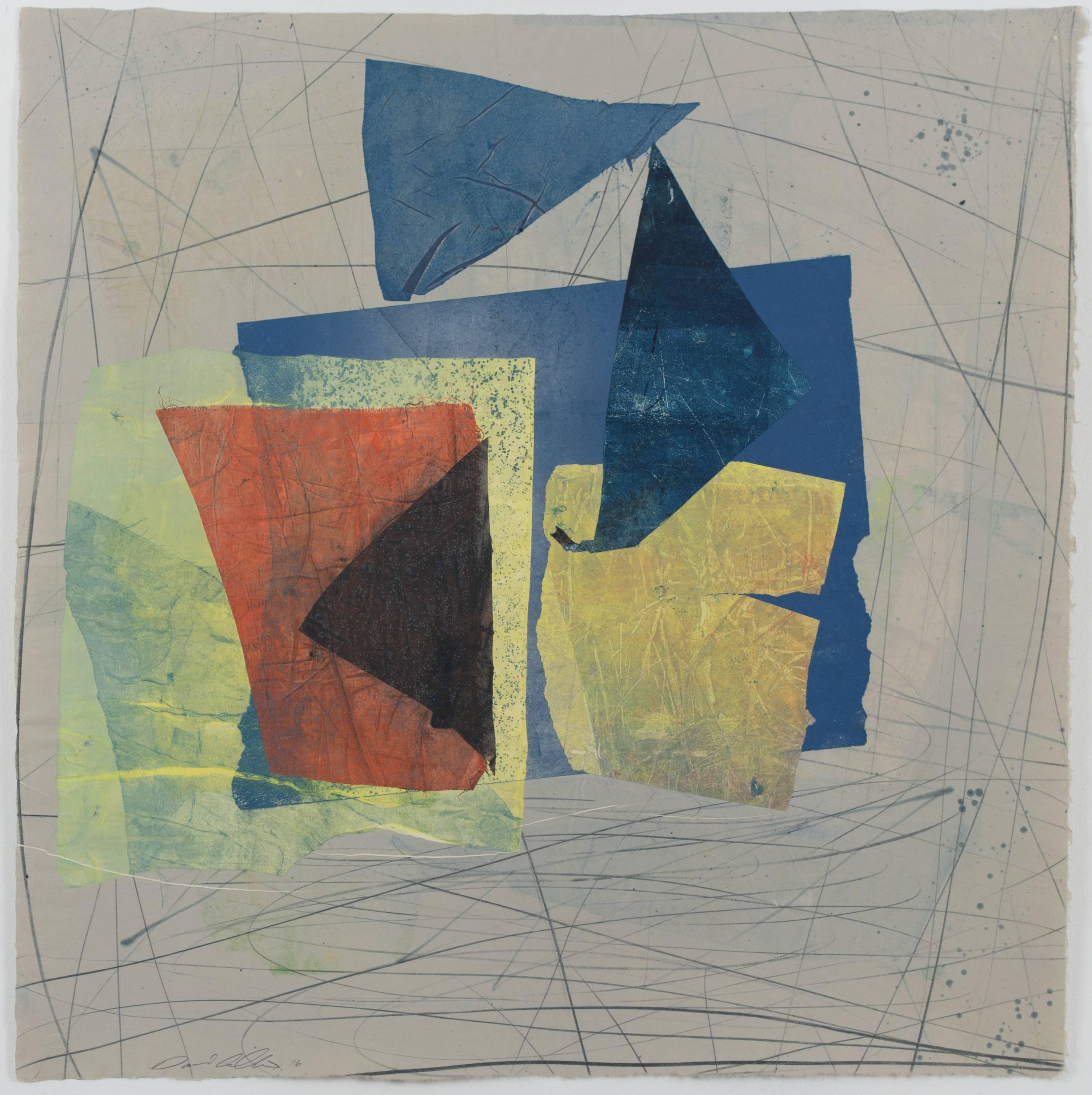 David Collins Abstract Print - Silk and Stone 10, Medium Square Abstract Geometric Blue Yellow Red Gray Print