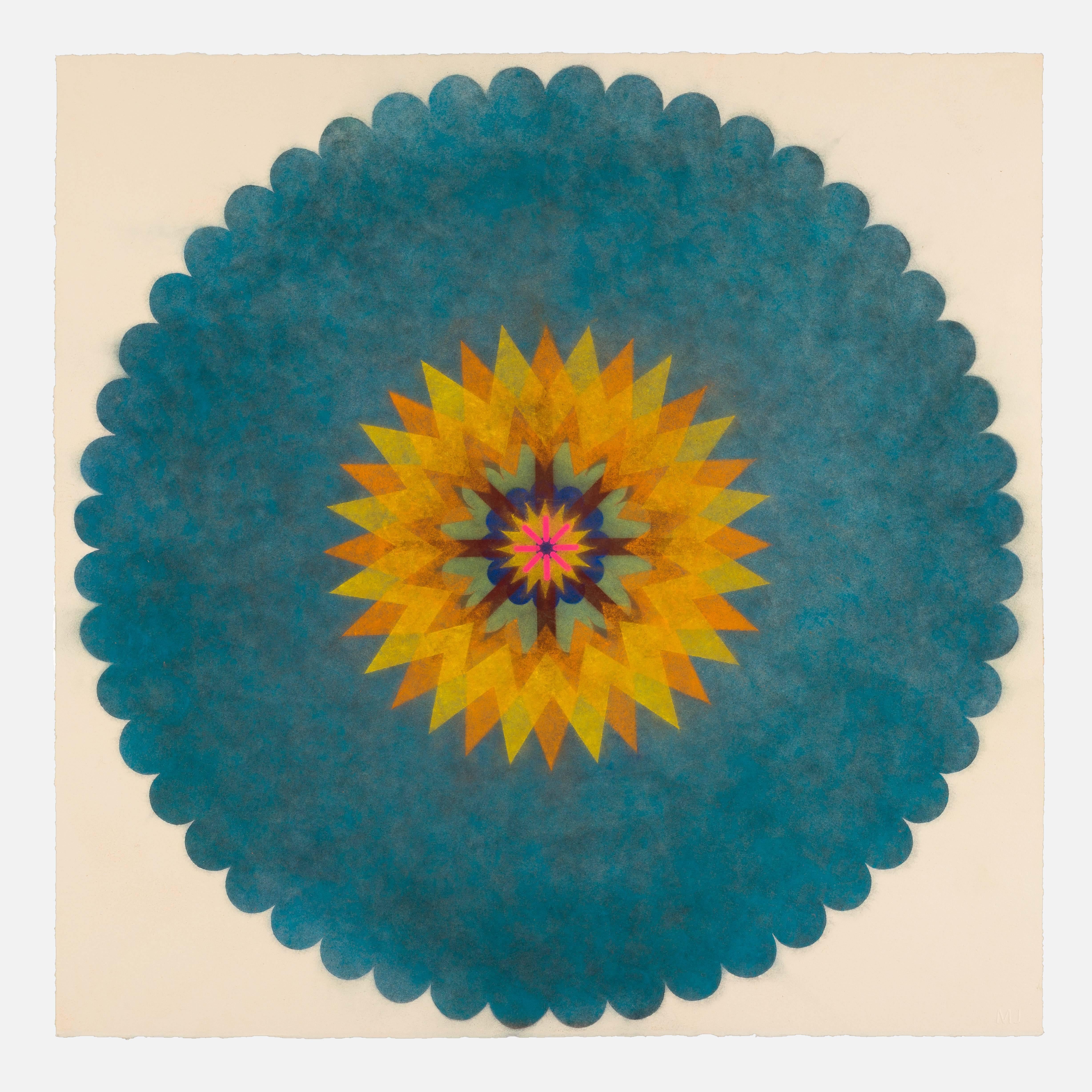 Mary Judge Abstract Drawing - Pop Flower 41, Teal Blue Circular Shape with Yellow, Orange and Bright Pink