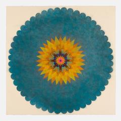 Pop Flower 41, Teal Blue Circular Shape with Yellow, Orange and Bright Pink