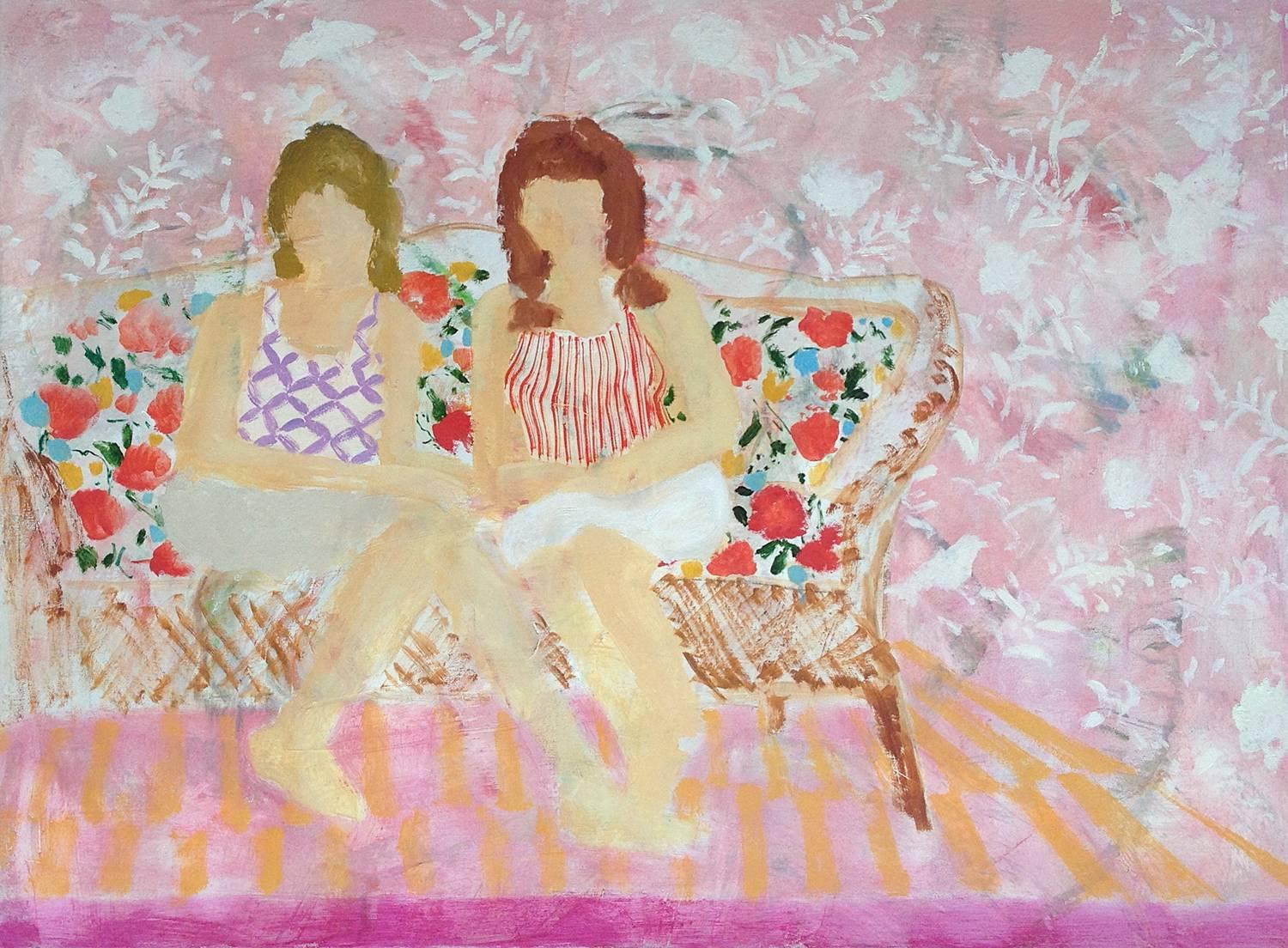 Melanie Parke Interior Painting - Sisters, Two Women in Patterned Shirts on Floral Print Couch, Pink Background
