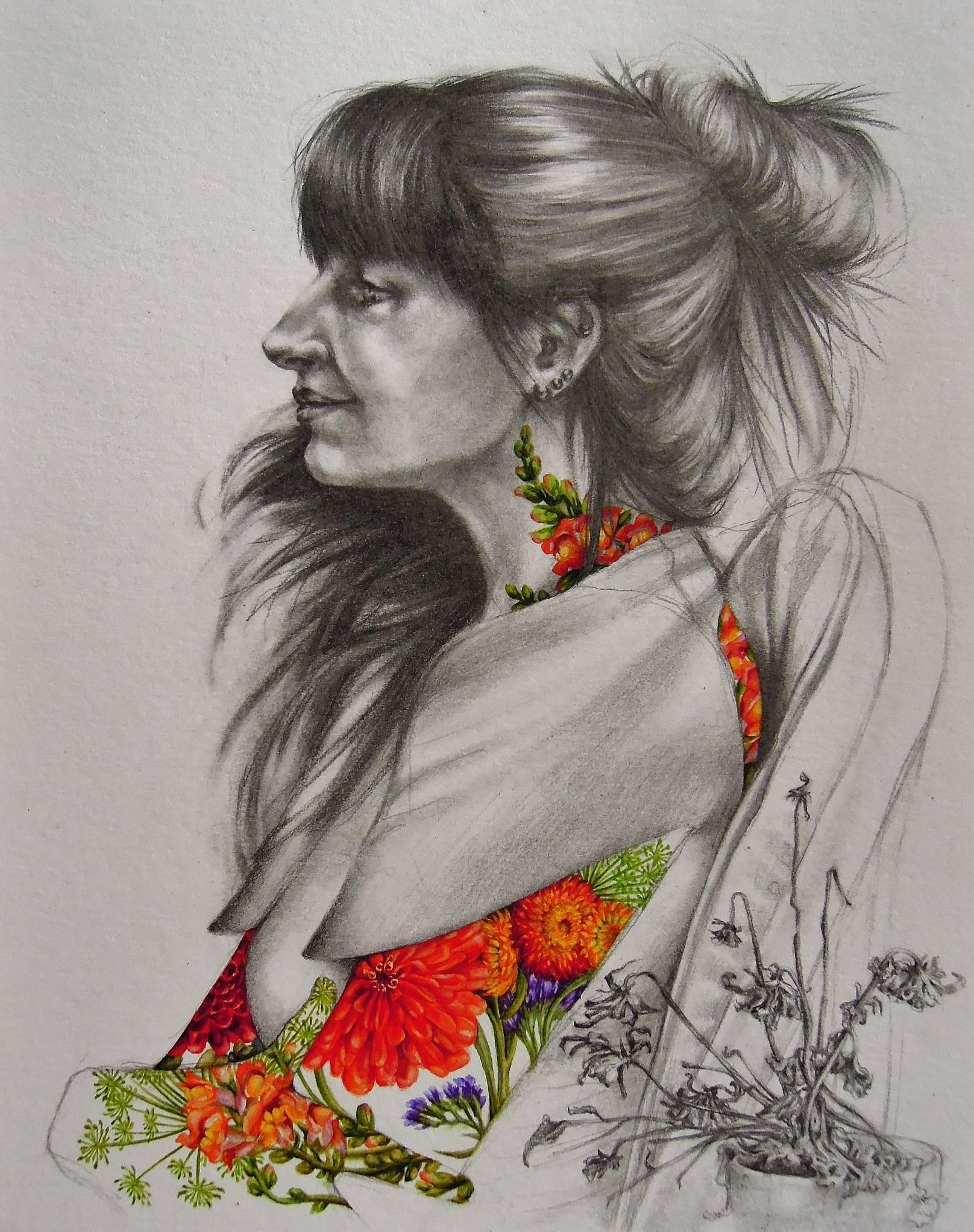 Lofty Dreams, Woman Portrait in multi colored, Red Orange Green Floral shawl - Art by Francine Fox