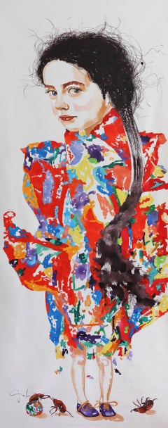 Ancestors and Descendants I, Vertical Figurative Painting, Girl, Colorful Dress