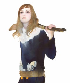 Oh Susannah!, Small Figurative Western Strong Female Gun Portrait, Navy