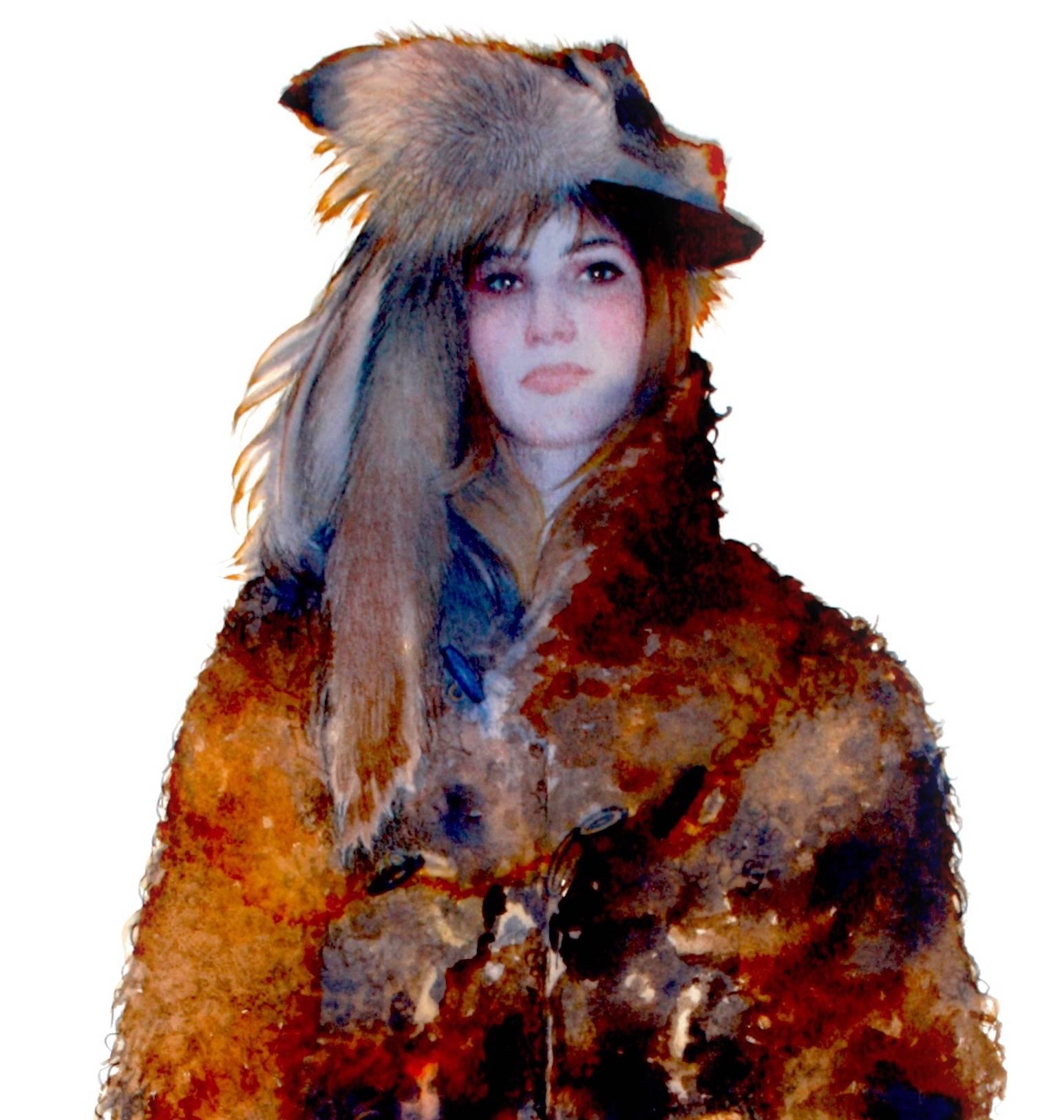 Red Trap, Small Figurative Western Strong Female Fur Portrait, Red and Brown - Painting by June Glasson