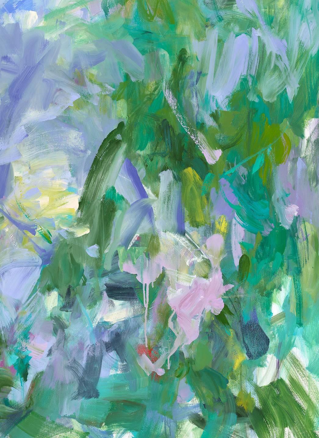 Yolanda Sánchez's A Verdant Heart is a beautiful abstract oil painting. Within its square dimensions shades of blue, green, and purple are used alluding to a rich green garden space. 

Sánchez's paintings are a search for re-enchantment, for a way