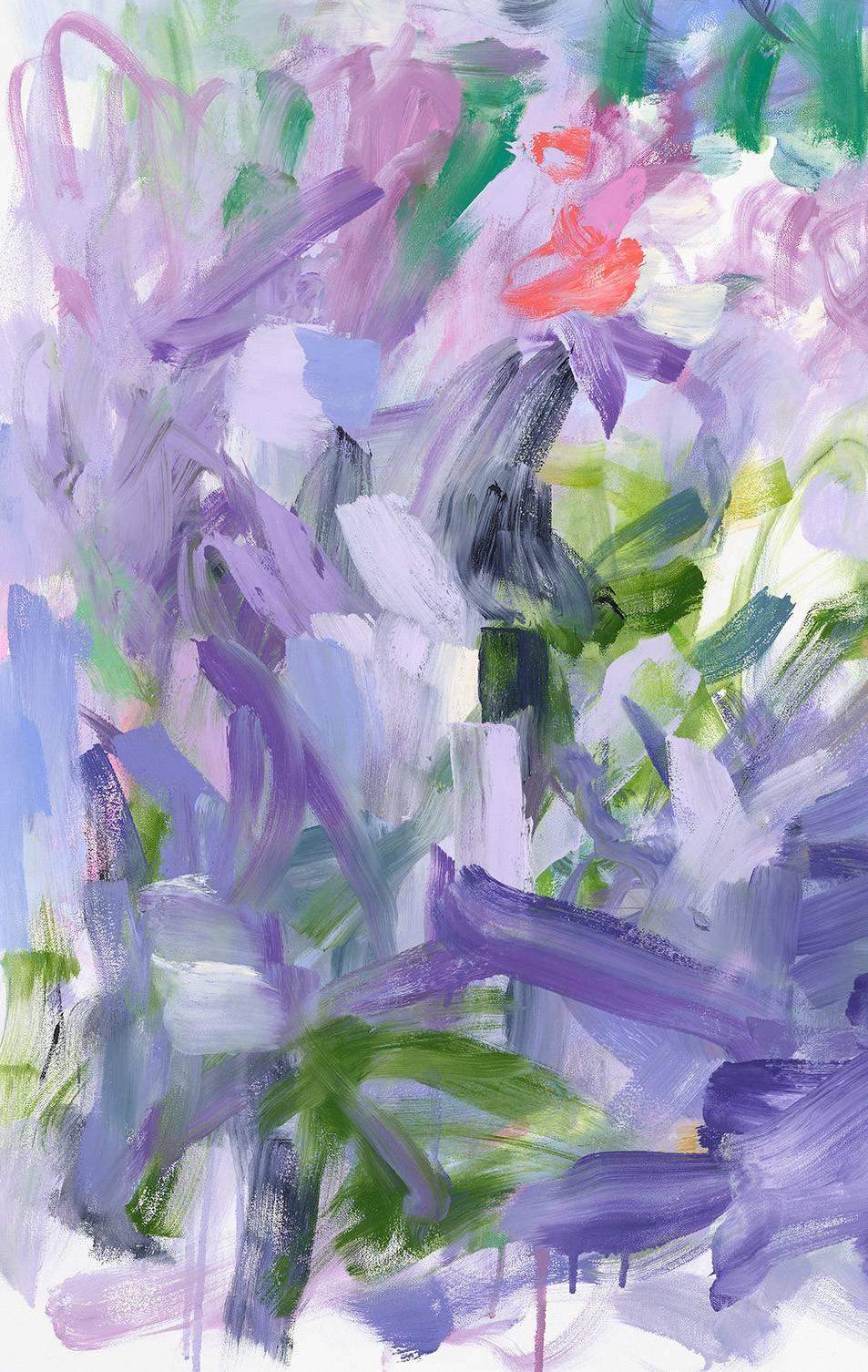 Yolanda Sánchez's Sweet Surrender is a beautiful, abstract oil painting. Shades of purple, violet blue, and green dance around the canvas. Hints of pink and yellow-green illuminate the cooler tones.

Sánchez's paintings are a search for