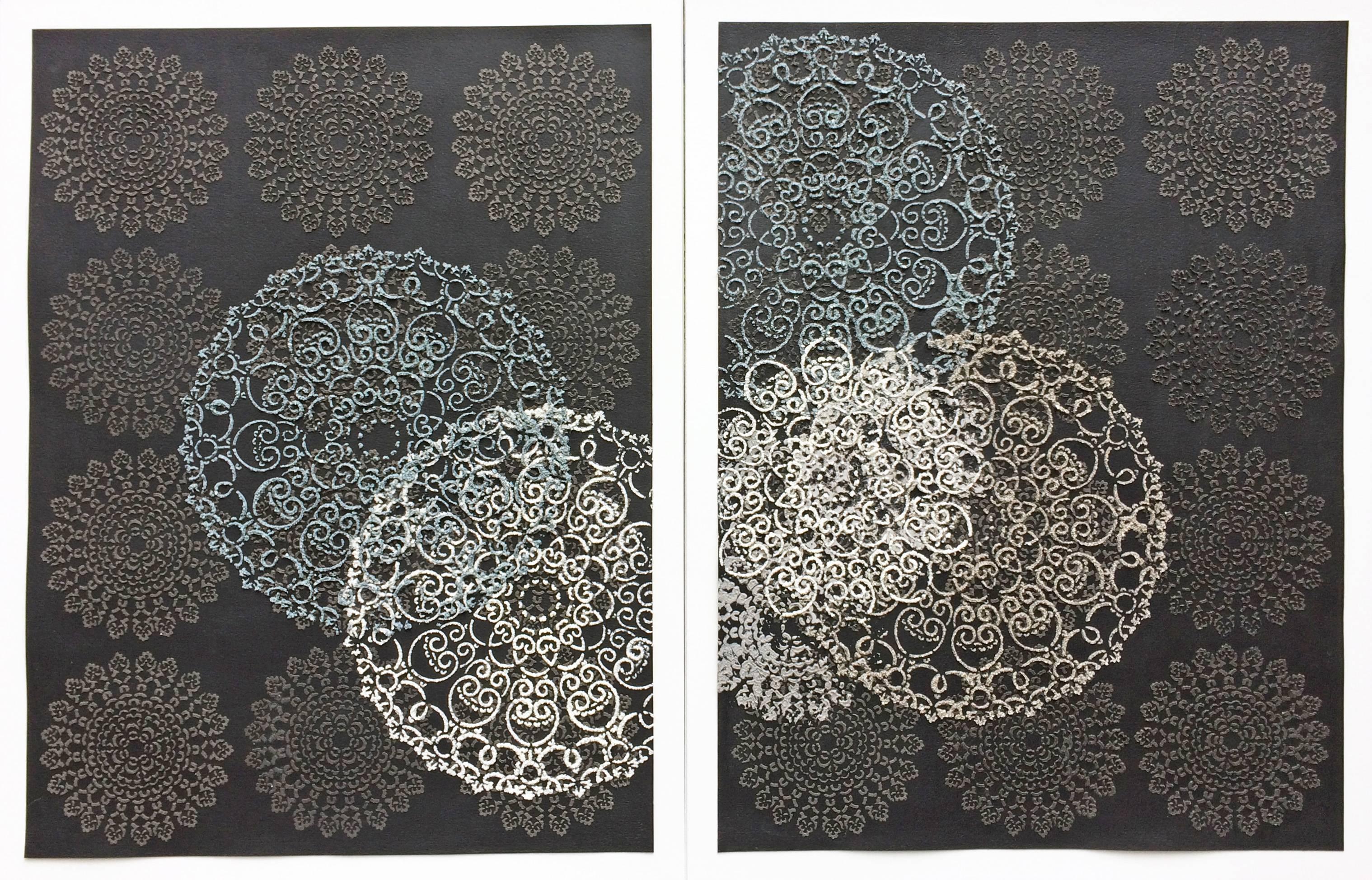 Untitled Diptych, Contemporary Mixed Media Mandala Blue White Textured Patterns - Mixed Media Art by Eleanor White