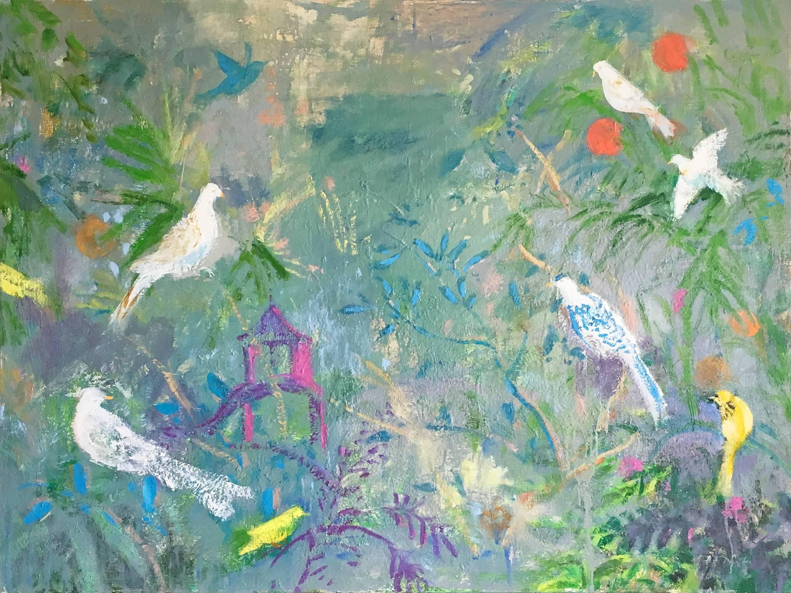 Melanie Parke Animal Painting - After Livia, Gray Blue, Multicolored, Horizontal Serene Abstract Birds in Garden