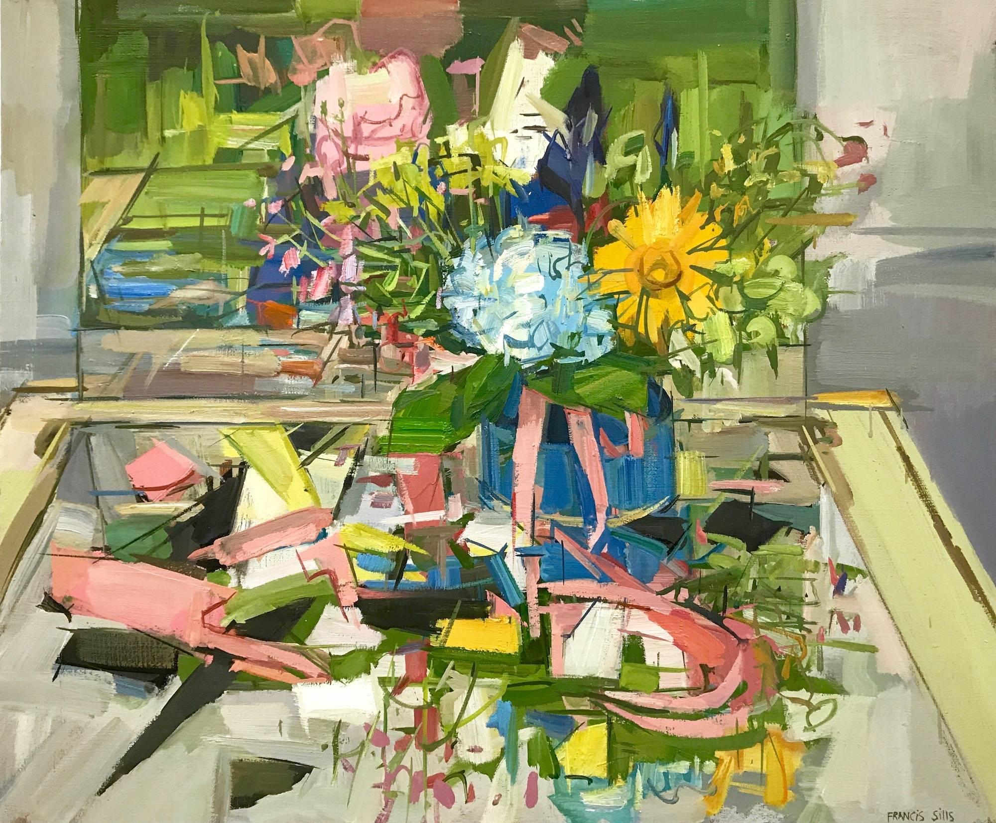 Francis Sills Still-Life Painting - Floral Still Life II, Yellow, Blue, Pink and Green Flowers in Vase on Table
