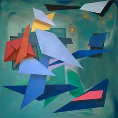 Day
s End, Abstract Geometric Square Painting, Blue, Teal, Red, Yellow and Pink