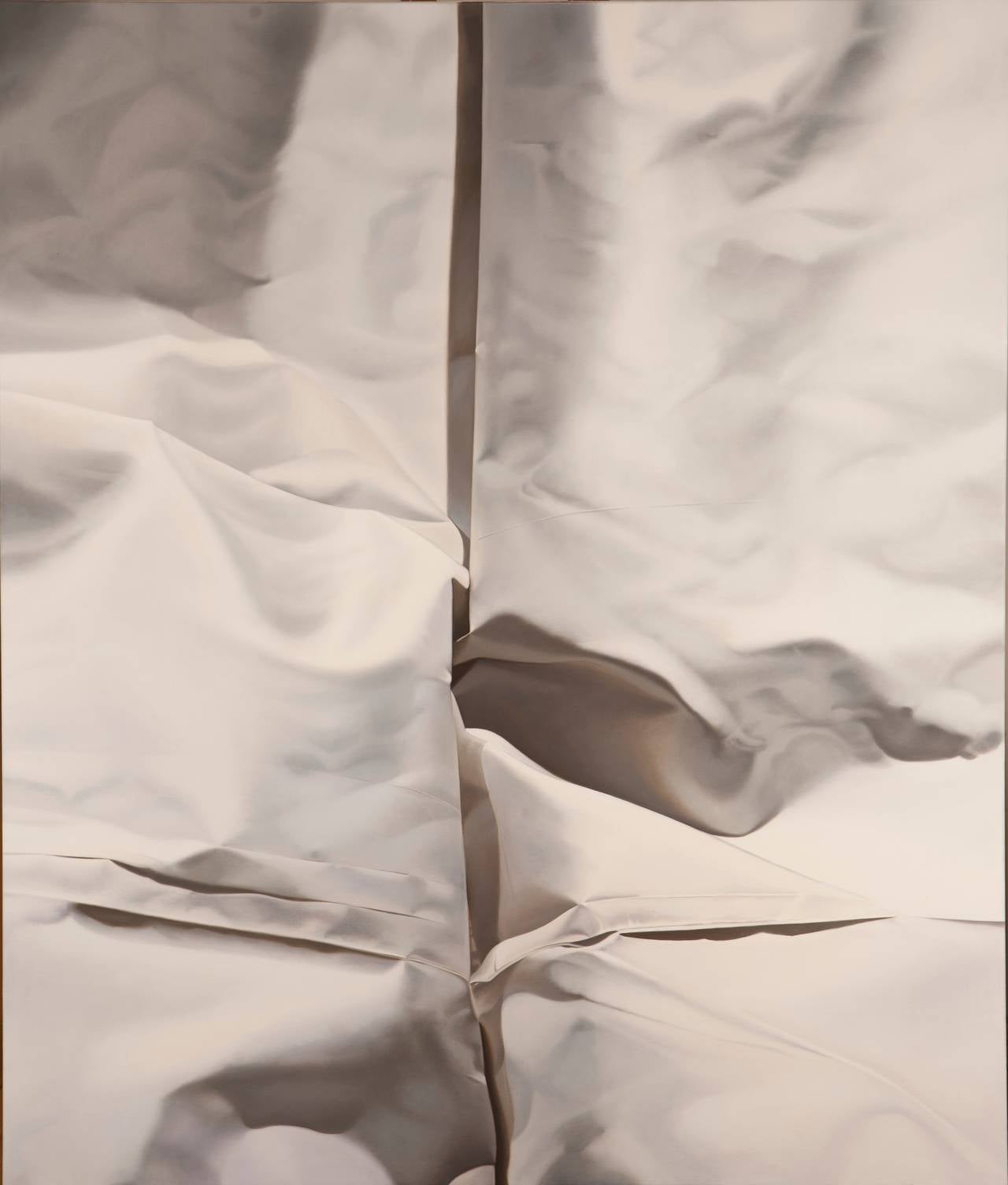 Lalani Nan Still-Life Painting - Pale Gray Number Two, Large Vertical Gray Sepia Tones, Realistic Fabric Linens