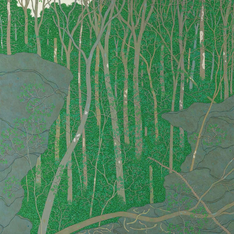 Gregory Hennen Landscape Painting - Ledge Notch August, Virginia Landscape, Green Trees, Grey Rock, Grey, Cream Sky