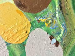 October Moon, Vertical Abstract Painting with Green, Blue, Burgundy, Yellow