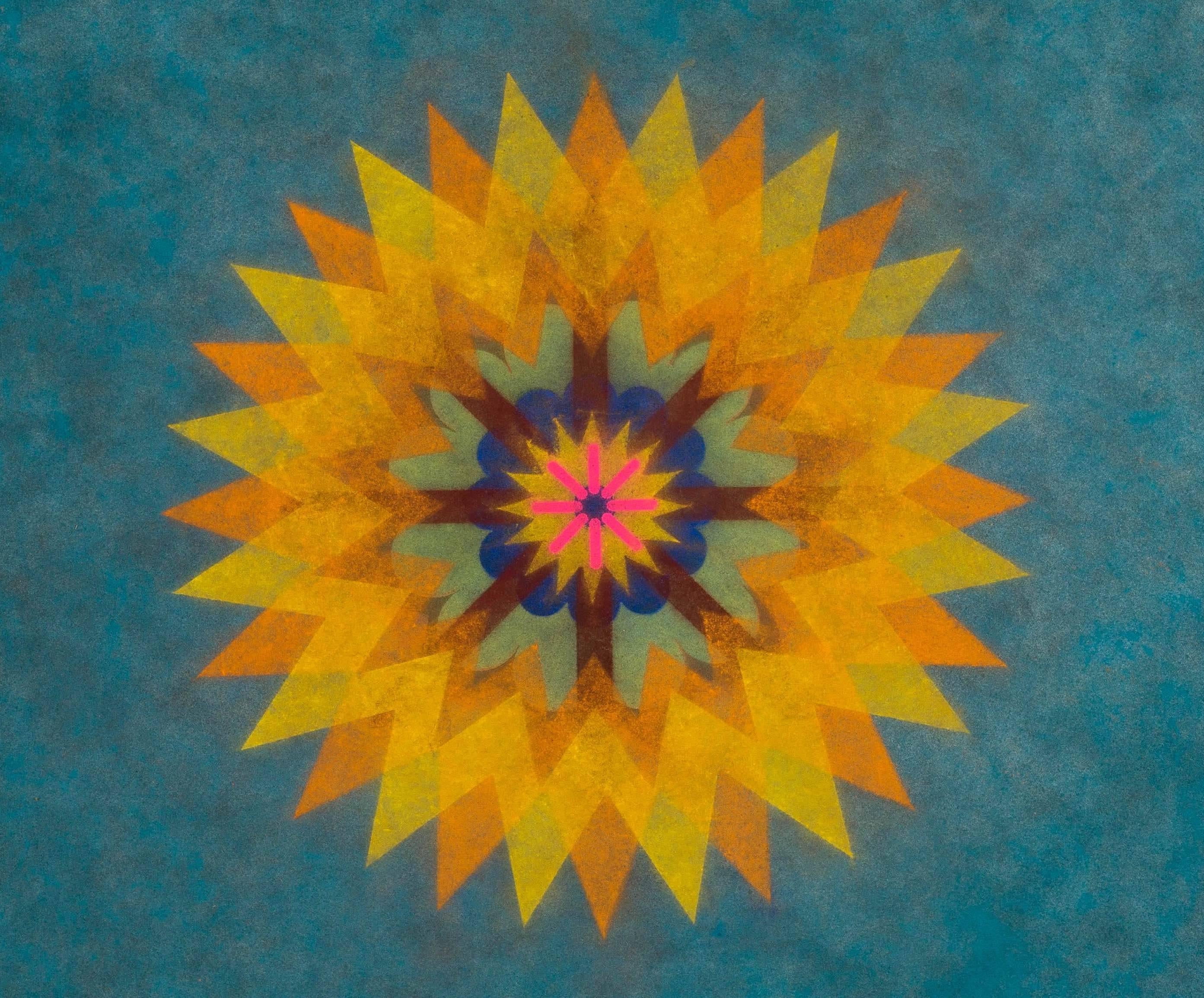 Pop Flower 41, Teal Blue Circular Shape with Yellow, Orange and Bright Pink - Art by Mary Judge