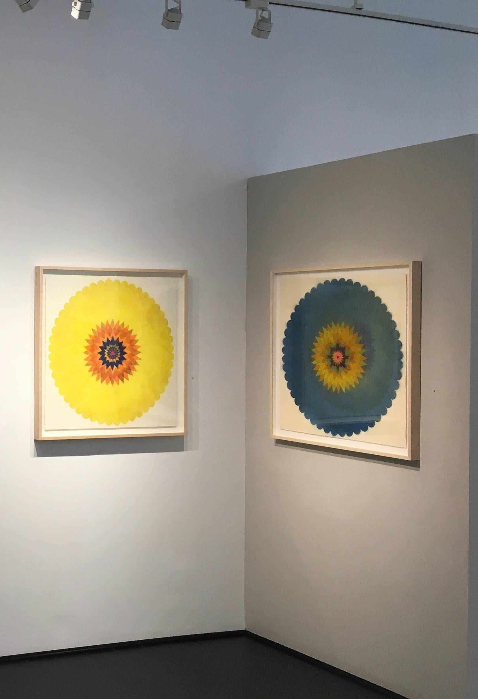 Pop Flower 41, Teal Blue Circular Shape with Yellow, Orange and Bright Pink - Contemporary Art by Mary Judge