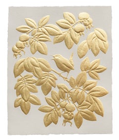 Singing Wren and Rose Hips - Gold Leaf Bird Leaves Embossed Paper, 2026