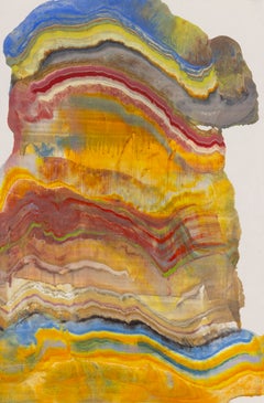 Avalanche - Monotype à l'encaustique sur le thème de la géologie abstraite : orange doré, bleu, jaune, 2026