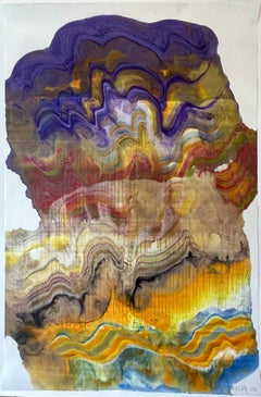 Ribbony Traveling - Abstract Geology Encaustic Monotype Golden Yellow Blue, 2026