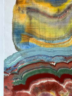 Une procédure de vérité - Géologie abstraite, monotype à l'encaustique, jaune doré et bleu, 2026