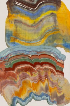 Une procédure de vérité - Géologie abstraite, monotype à l'encaustique, jaune doré et bleu, 2026