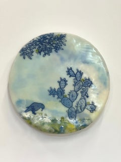 A simple vista - Paisaje desértico: tondo con cactus, árbol y pájaro; azul, luz y amarillo, 2024