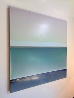 Sea Light Prout's Neck - Pintura contemporánea con técnica de vertido en tonos violeta, gris y verde, 2026