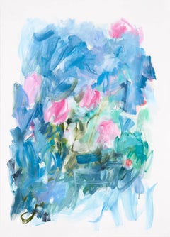 Me and Cinderella, Long Abstract Flowery Blue Pink Oil on Canvas Garden Painting