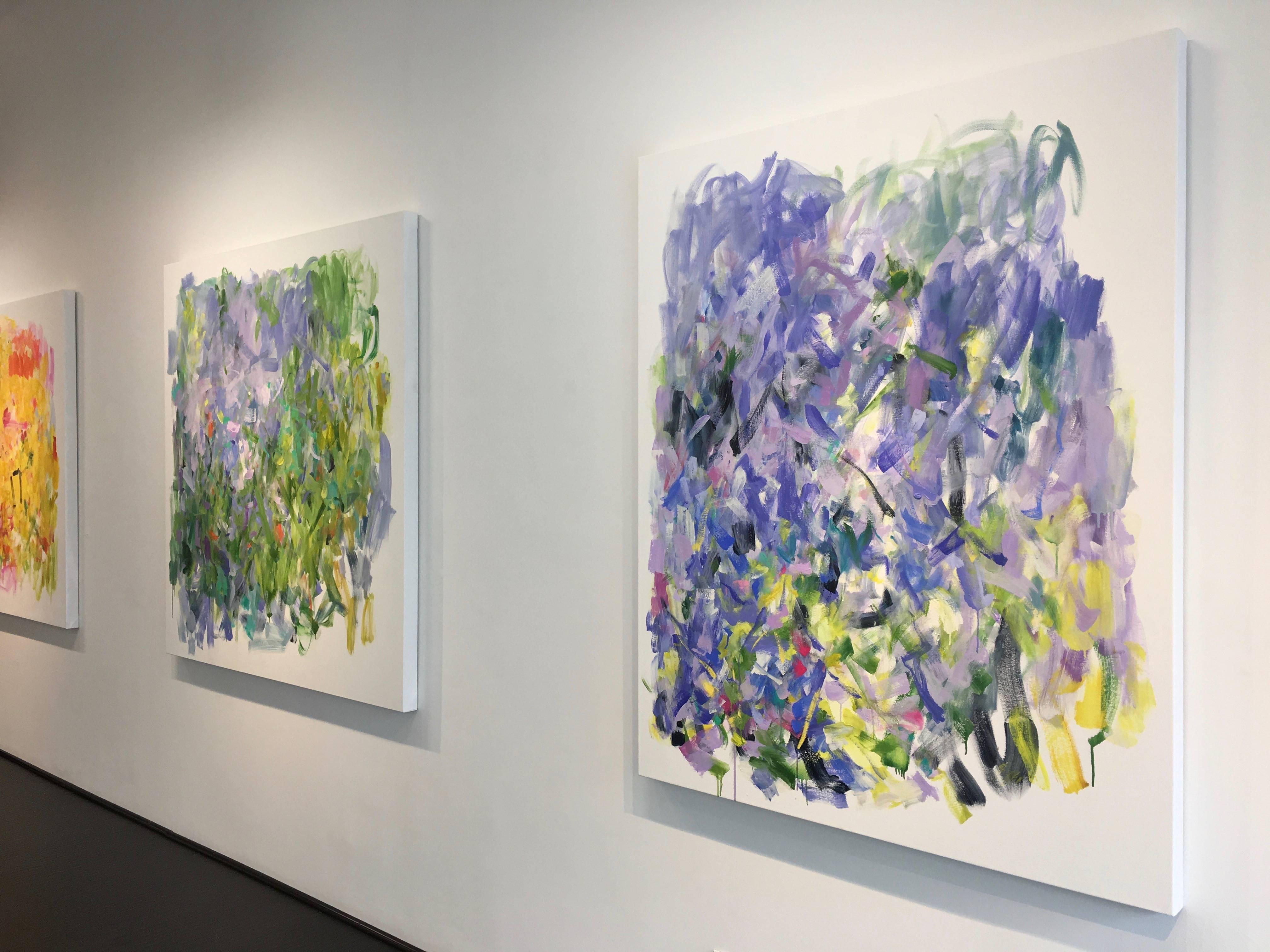 Yolanda Sánchez's ...That's How the Light Gets In is a beautiful, large, abstract oil painting. Shades of purple, violet blue, and green dance around the vertical canvas. Hints of yellow, yellow-green and bright pink illuminate the cooler