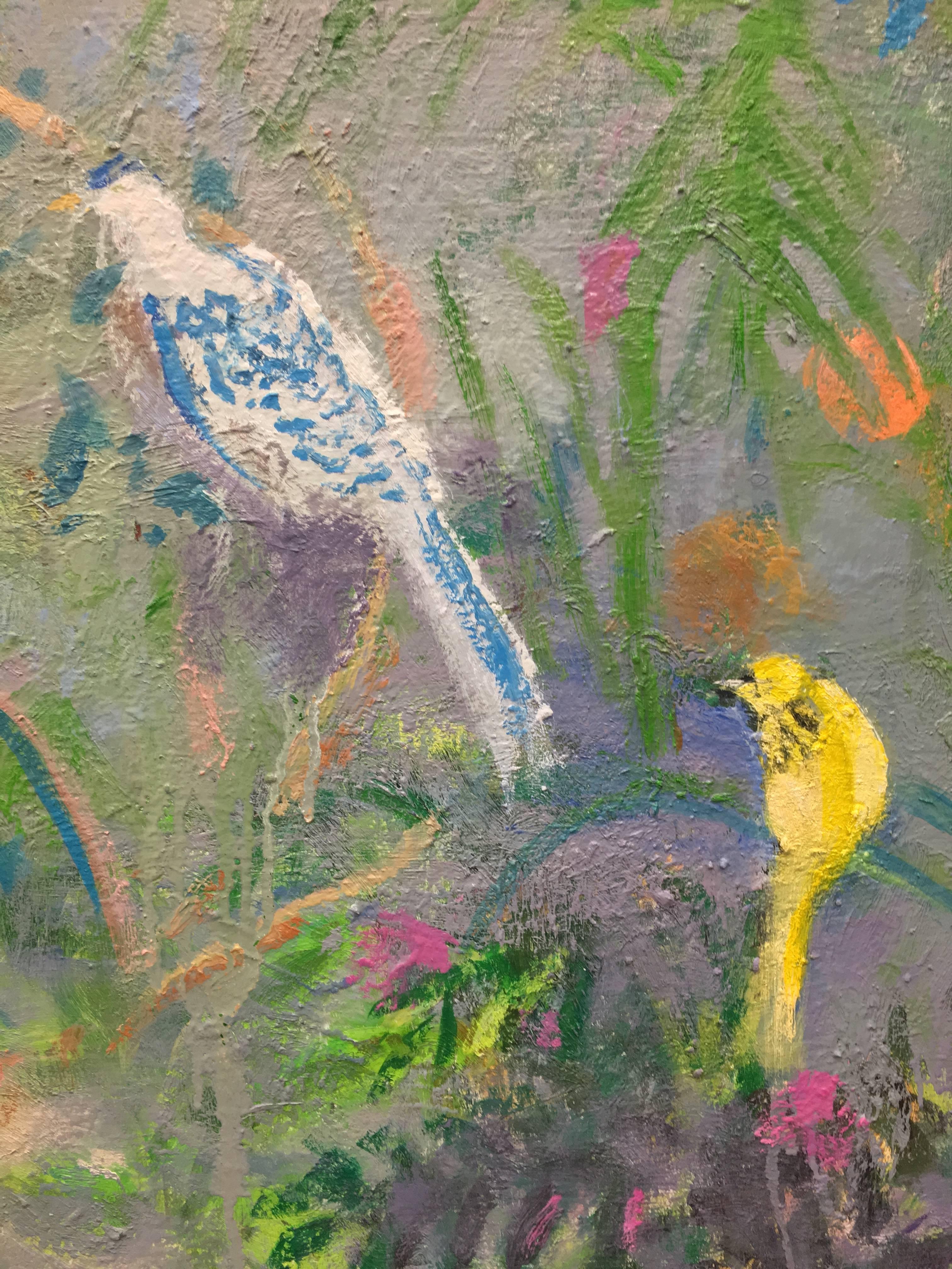 After Livia, Gray Blue, Multicolored, Horizontal Serene Abstract Birds in Garden - Contemporary Painting by Melanie Parke