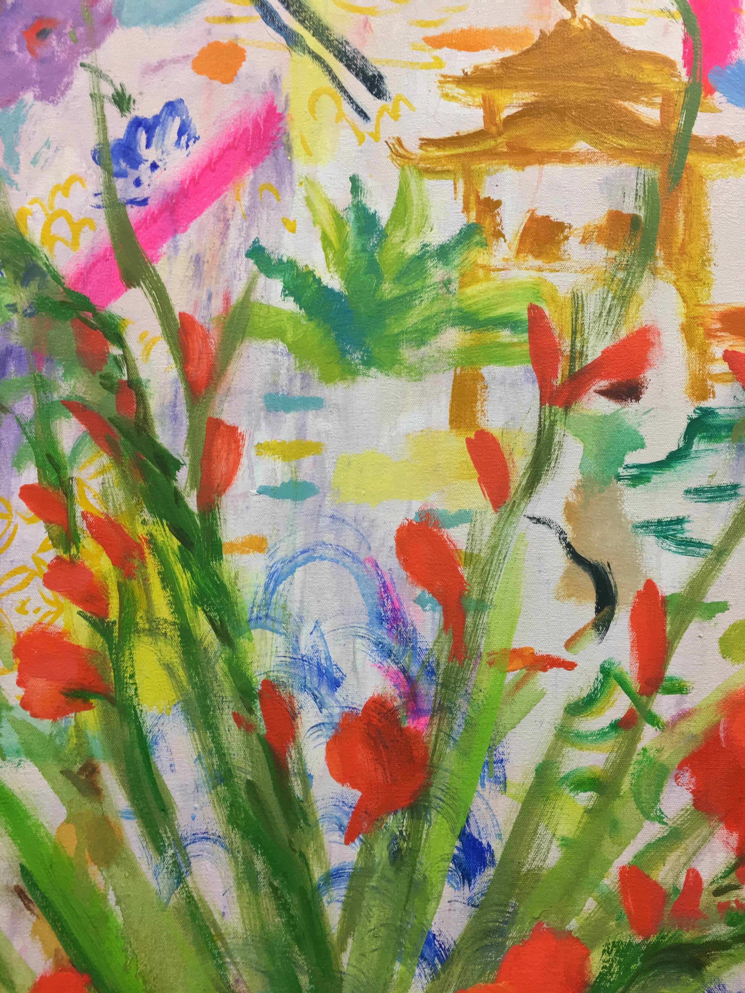 Glads, Multicolored Interior with Bouquet of Gladiolas in Orange, Blue, White  - Beige Still-Life Painting by Melanie Parke