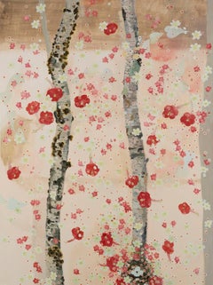Chasing Ghosts, Vertical Pink Red Green Birch Trees and Birds Oil Painting