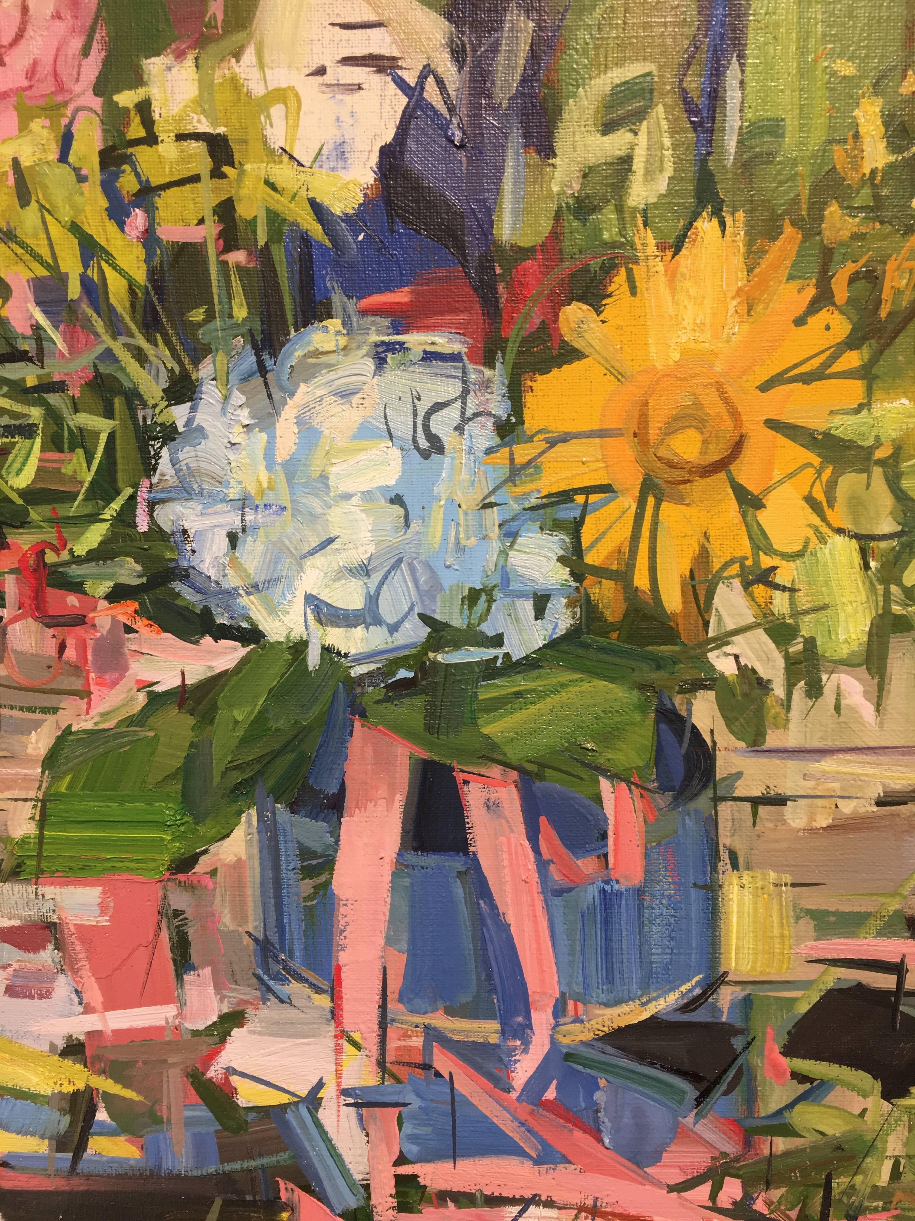 Floral Still Life II, Yellow, Blue, Pink and Green Flowers in Vase on Table 2