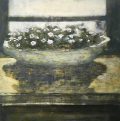 Full Moon, Still Life Painting, Pale Lavender Purple Flowers in Green Flowerpot