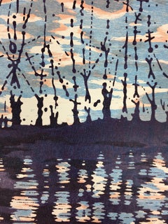 Cloud Trees variation 1, Woodcut Print of Stream and Forest, Pale Blue, Pink Sky