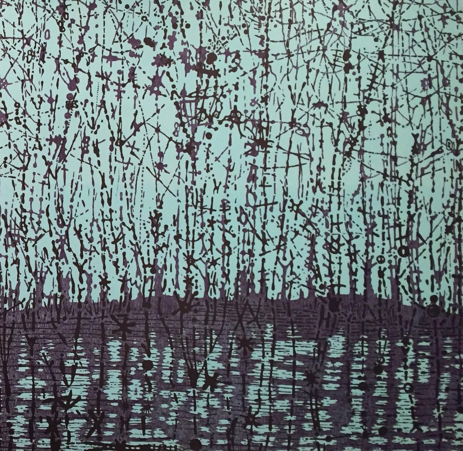 Eve Stockton Abstract Print - Stream Variation 22, Woodcut of Forest and Stream, Pale Mint Blue, Dark Violet