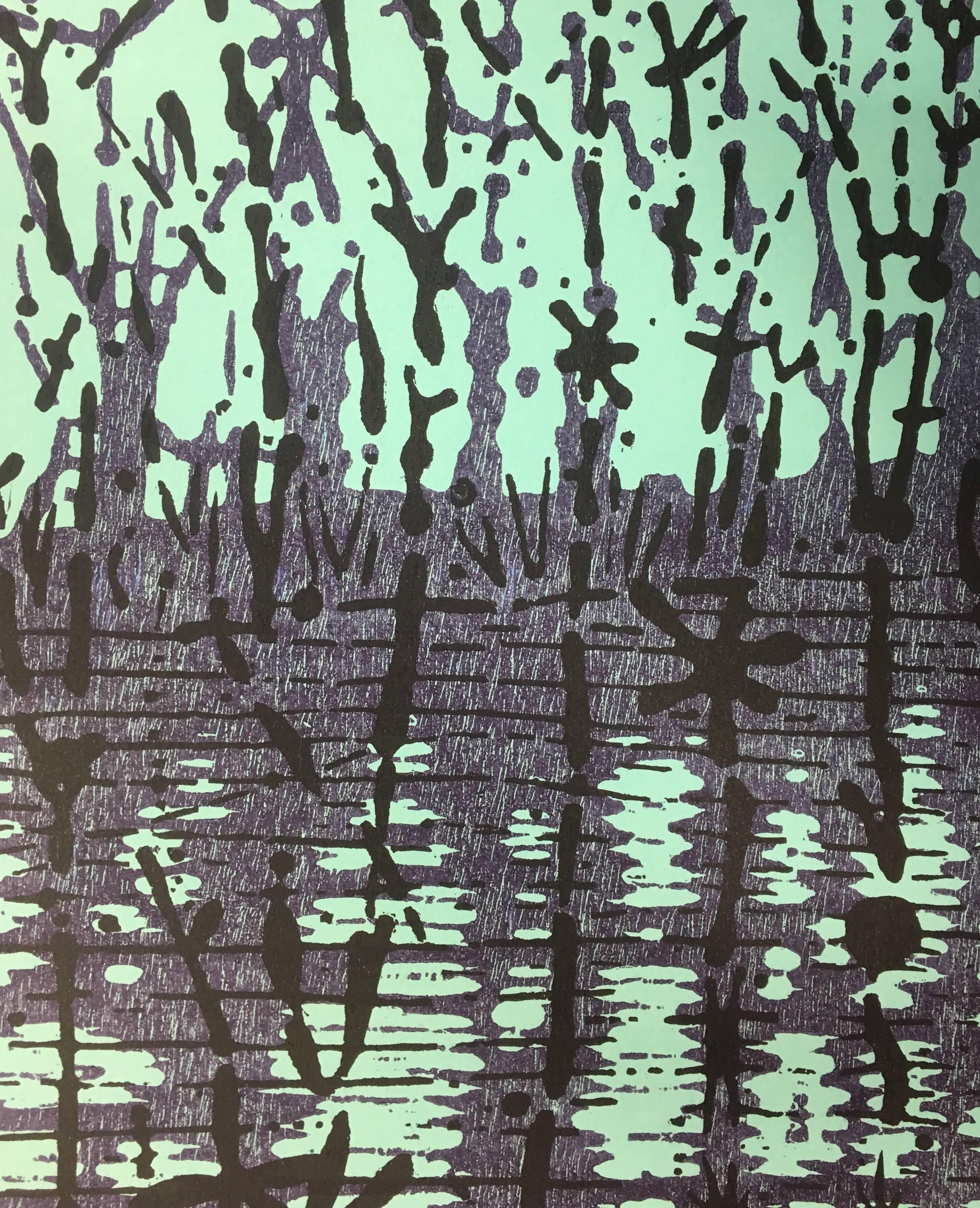 Stream Variation 22, Woodcut of Forest and Stream, Pale Mint Blue, Dark Violet - Print by Eve Stockton